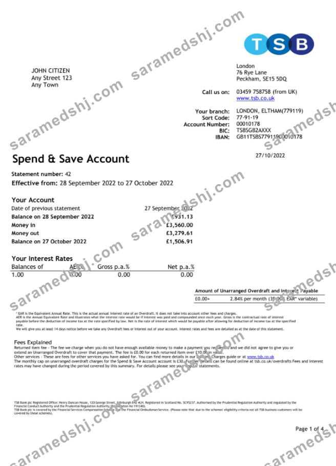 United Kingdom TBS bank statement Excel and PDF template, 4 pages 1